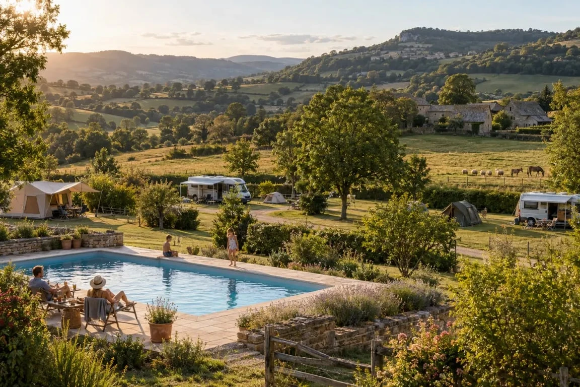 Camping à la ferme en Aveyron avec piscine et animaux dans un paysage rural
