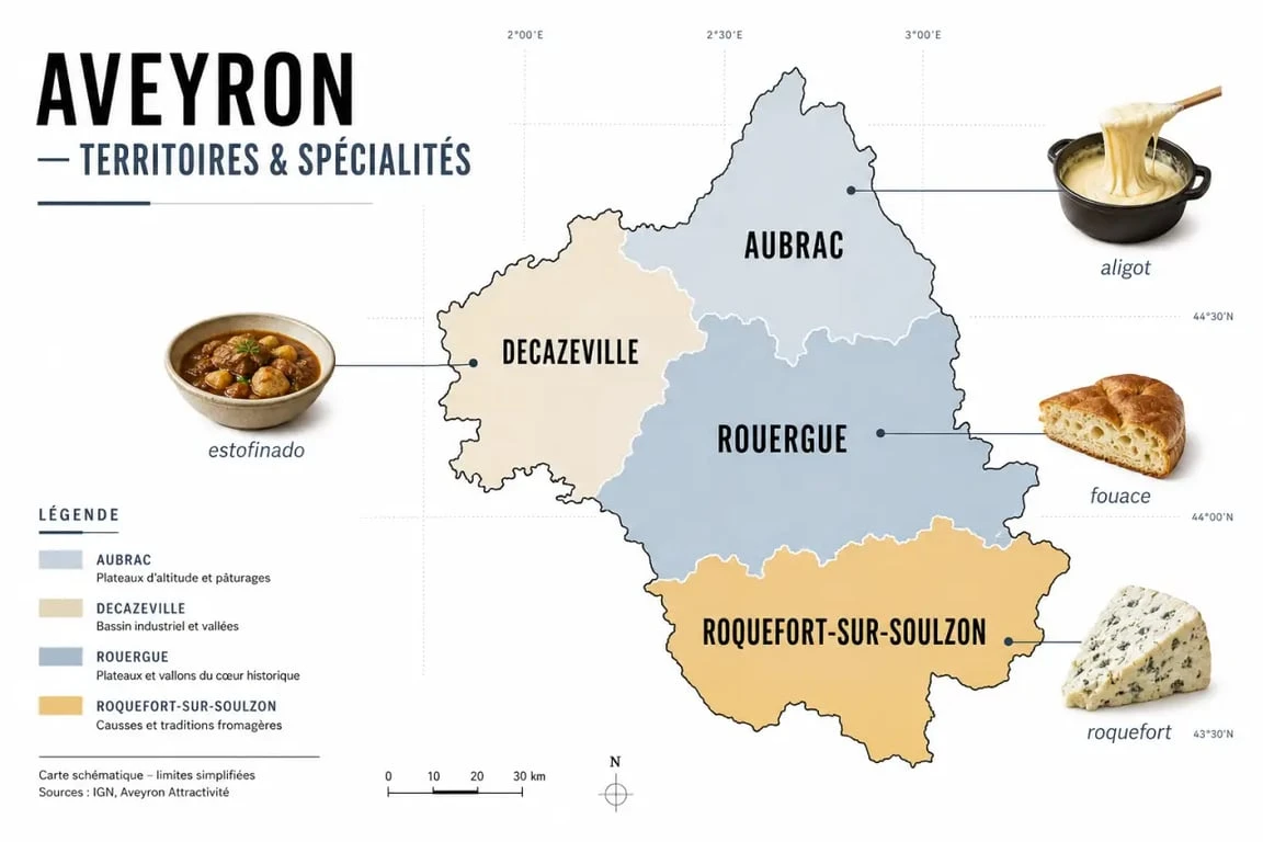 Gastronomie aveyron : carte des spécialités par zone entre Aubrac, Roquefort et Decazeville