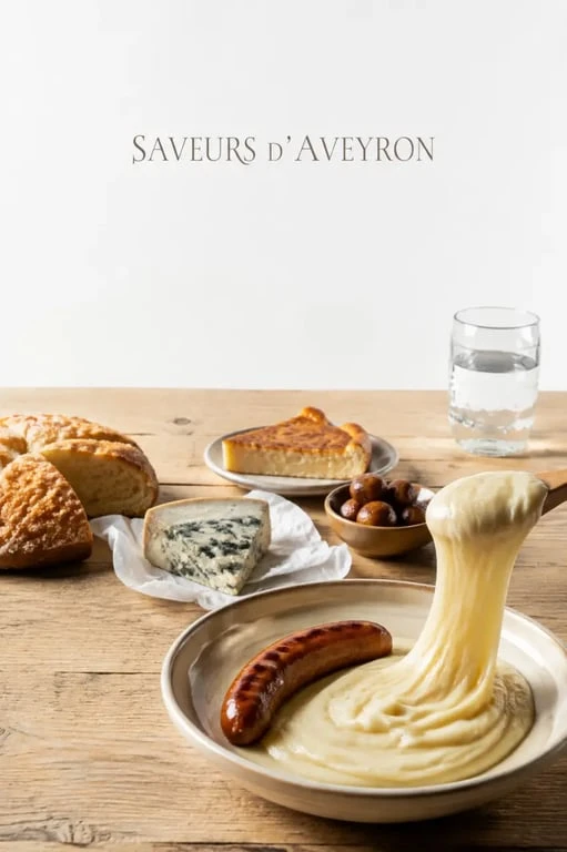 Gastronomie aveyron : aligot, roquefort, fouace et gâteau à la broche sur table rustique