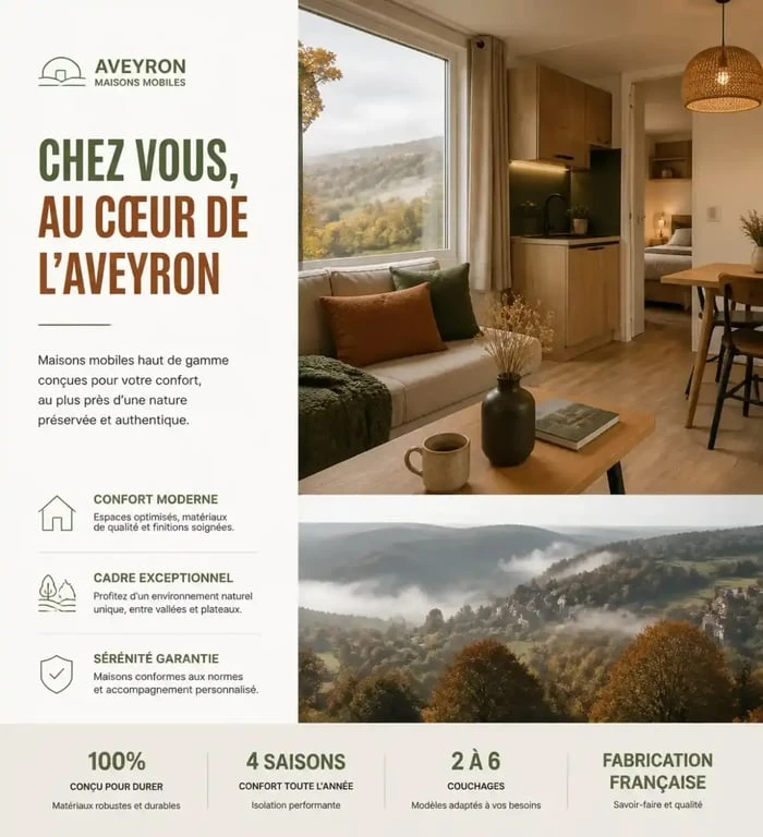 Intérieur de mobil-home chauffé dans un camping aveyron ouvert toute l'année