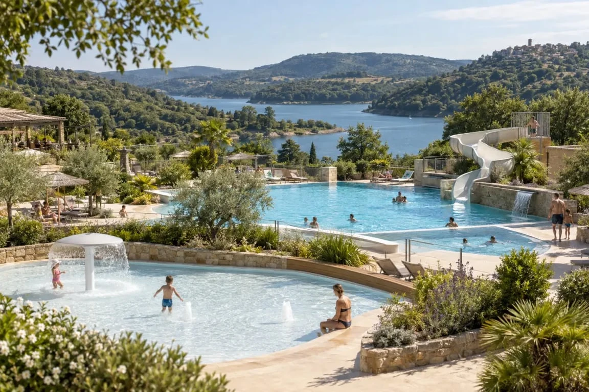 Camping en Aveyron avec parc aquatique et bassins familiaux dans un paysage naturel