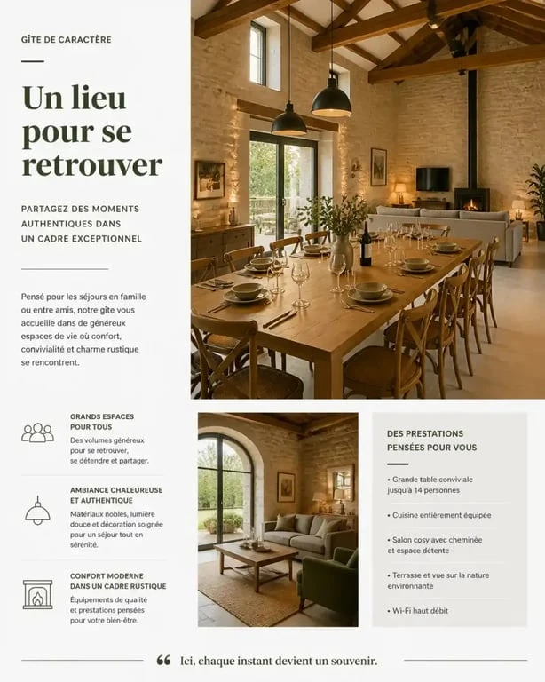 Espace de vie convivial dans un gîte aveyron 30 personnes pour cousinade ou séminaire