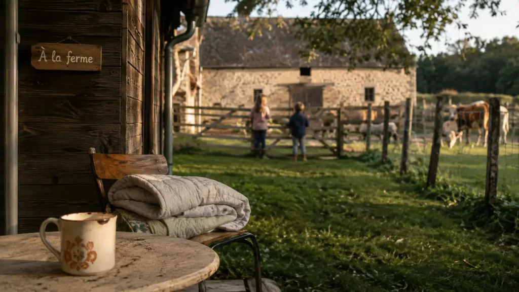 Gîte à la ferme avec animaux aveyron : terrasse, enfants et enclos visible