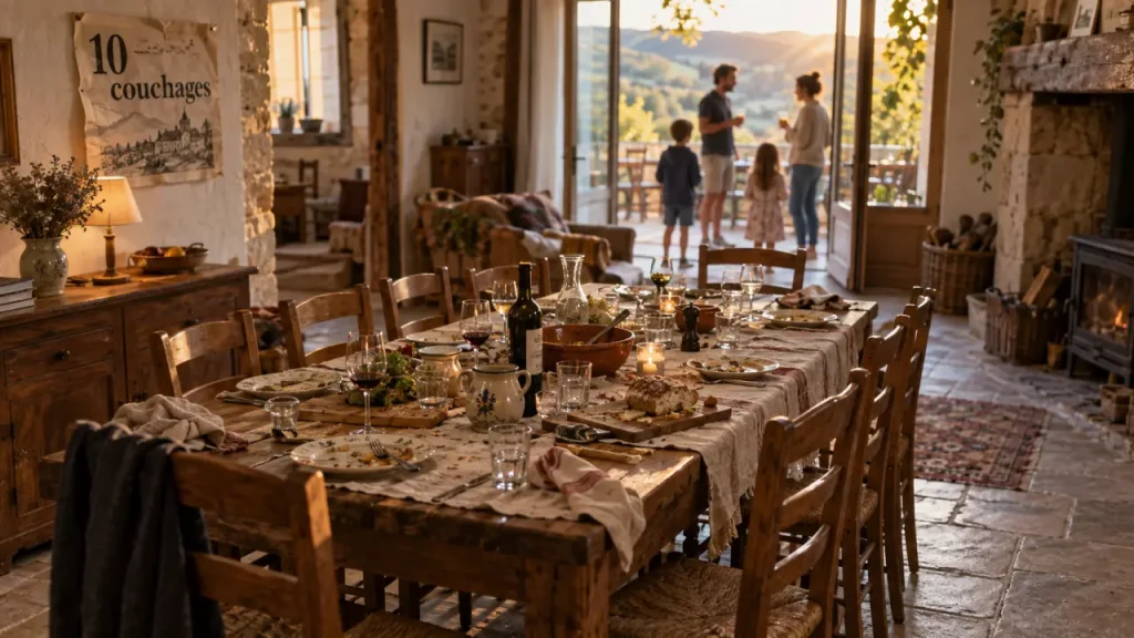 gîte aveyron 10 personnes, grande table dans le gîte