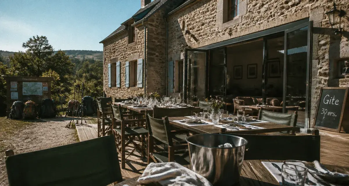 Gîte aveyron 30 personnes : grande salle avec tables et terrasse