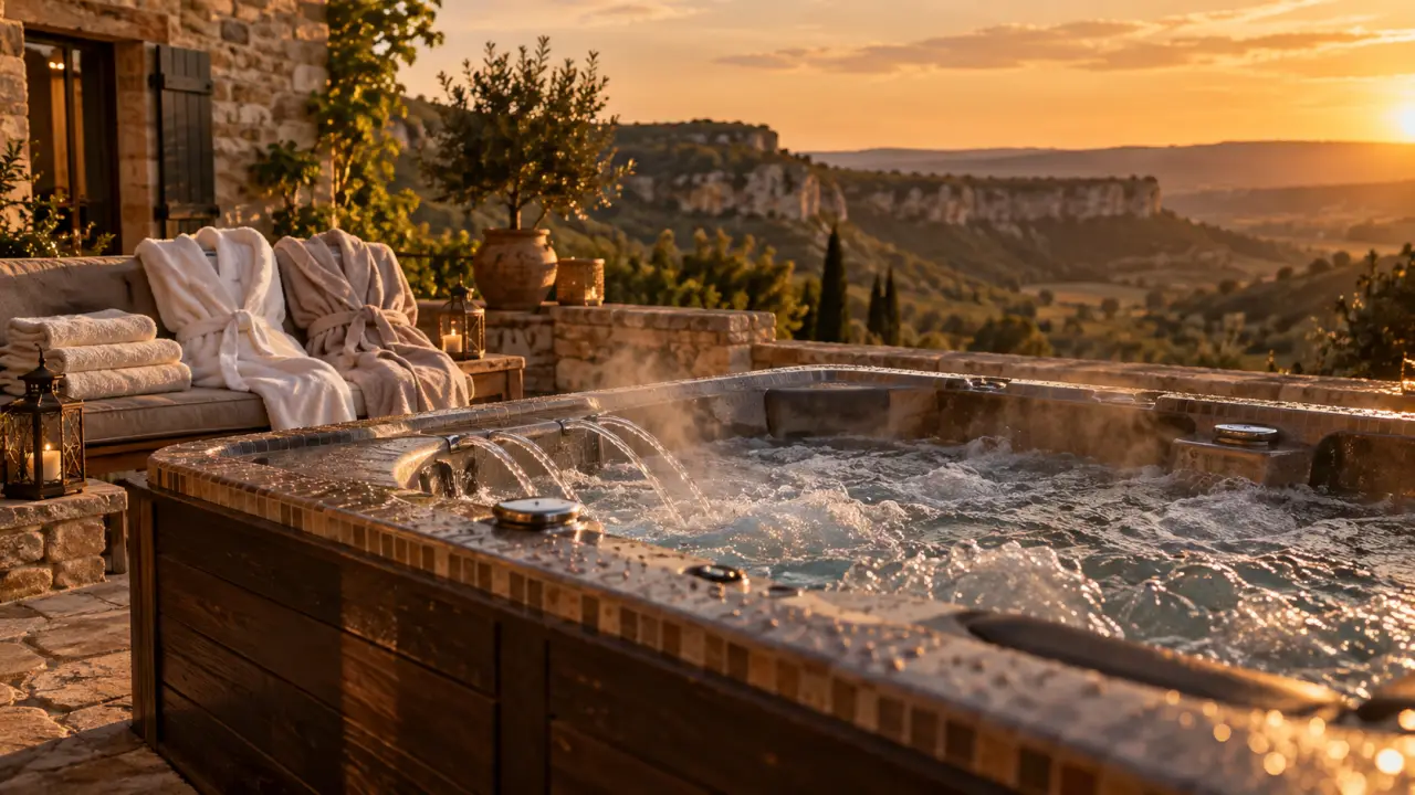 Gîte avec jacuzzi privatif en Aveyron sur terrasse, vue Grands Causses