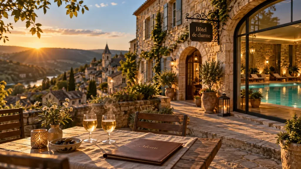 Hôtel de charme Aveyron : façade et piscine intérieure, golden hour