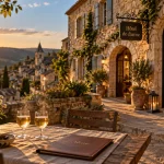 Hôtel de charme Aveyron : façade et piscine intérieure, golden hour
