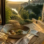 Hôtel restaurant gastronomique aveyron : table avec assiette fumante près d’une baie vitrée