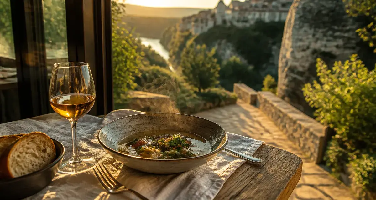 Hôtel restaurant gastronomique aveyron : table avec assiette fumante près d’une baie vitrée