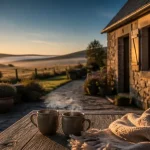 Location gîte Aveyron 2 personnes : terrasse pierre et gîte au bord du chemin
