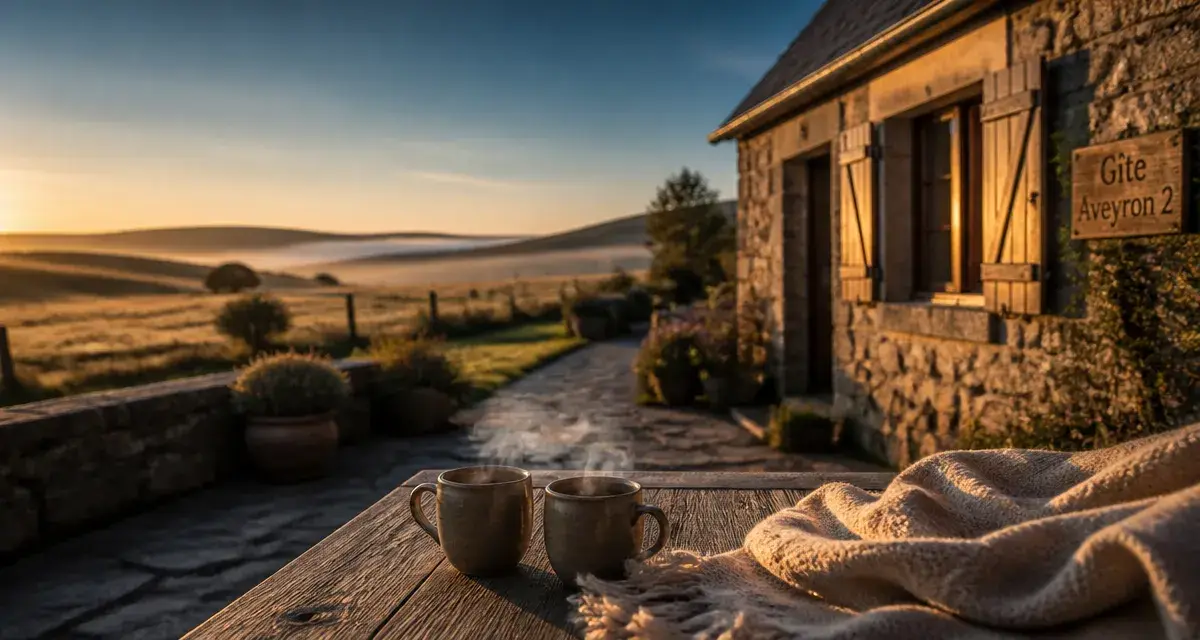 Location gîte Aveyron 2 personnes : terrasse pierre et gîte au bord du chemin