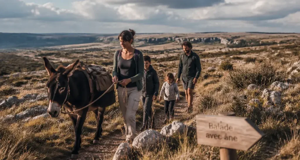 Rando ane Aveyron : famille marche avec un âne sur un sentier caussenard