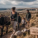 Rando ane Aveyron : famille marche avec un âne sur un sentier caussenard