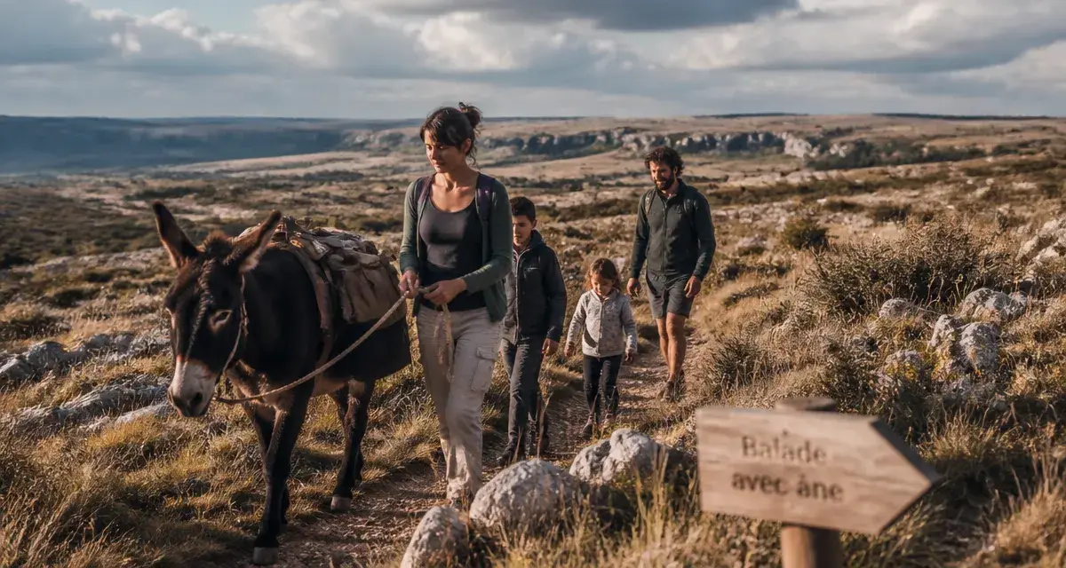 Rando ane Aveyron : famille marche avec un âne sur un sentier caussenard