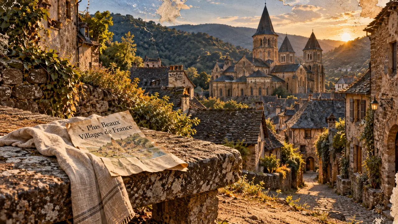 10 plus beaux villages de l aveyron : Conques, ruelles et abbatiale romane au coucher du soleil