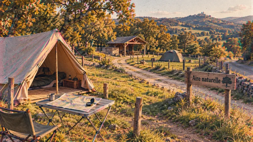 Aire naturelle de camping en Aveyron près des gorges, tente sur aire herbeuse