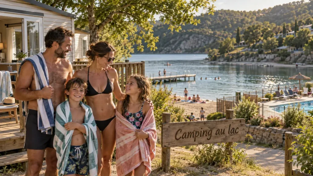 Camping aveyron 4 étoiles au lac : famille près du mobil-home, eau et plage