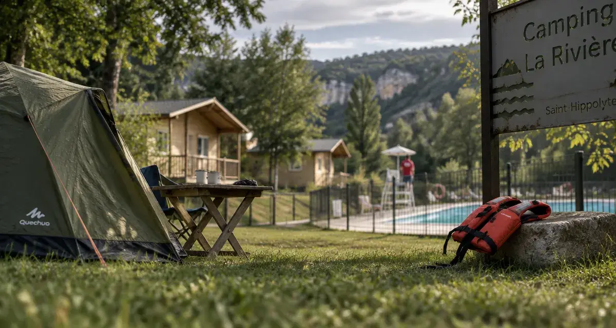 Camping la rivière aveyron : entrée de camping à Saint-Hippolyte, tente et piscine