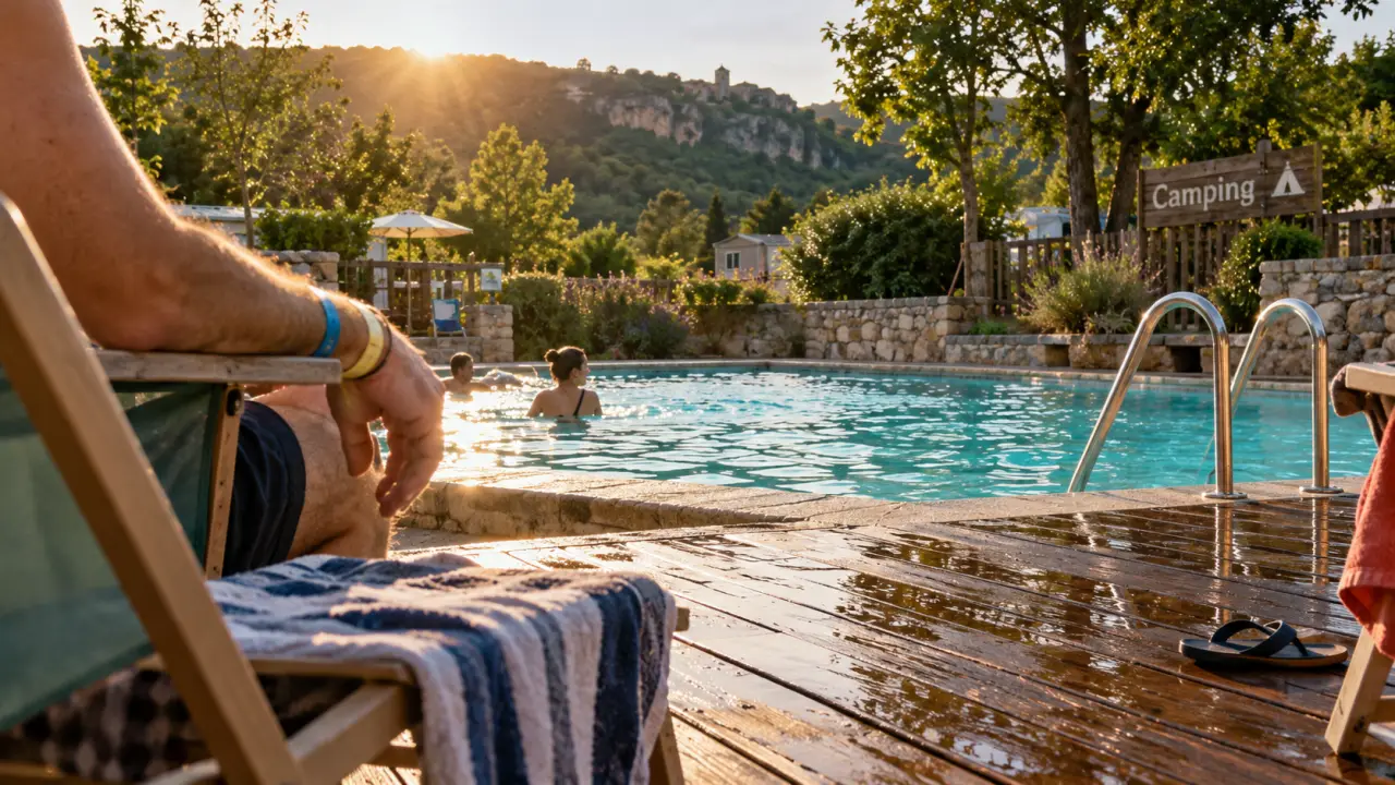 Camping municipal Aveyron avec piscine : entrée et terrasse