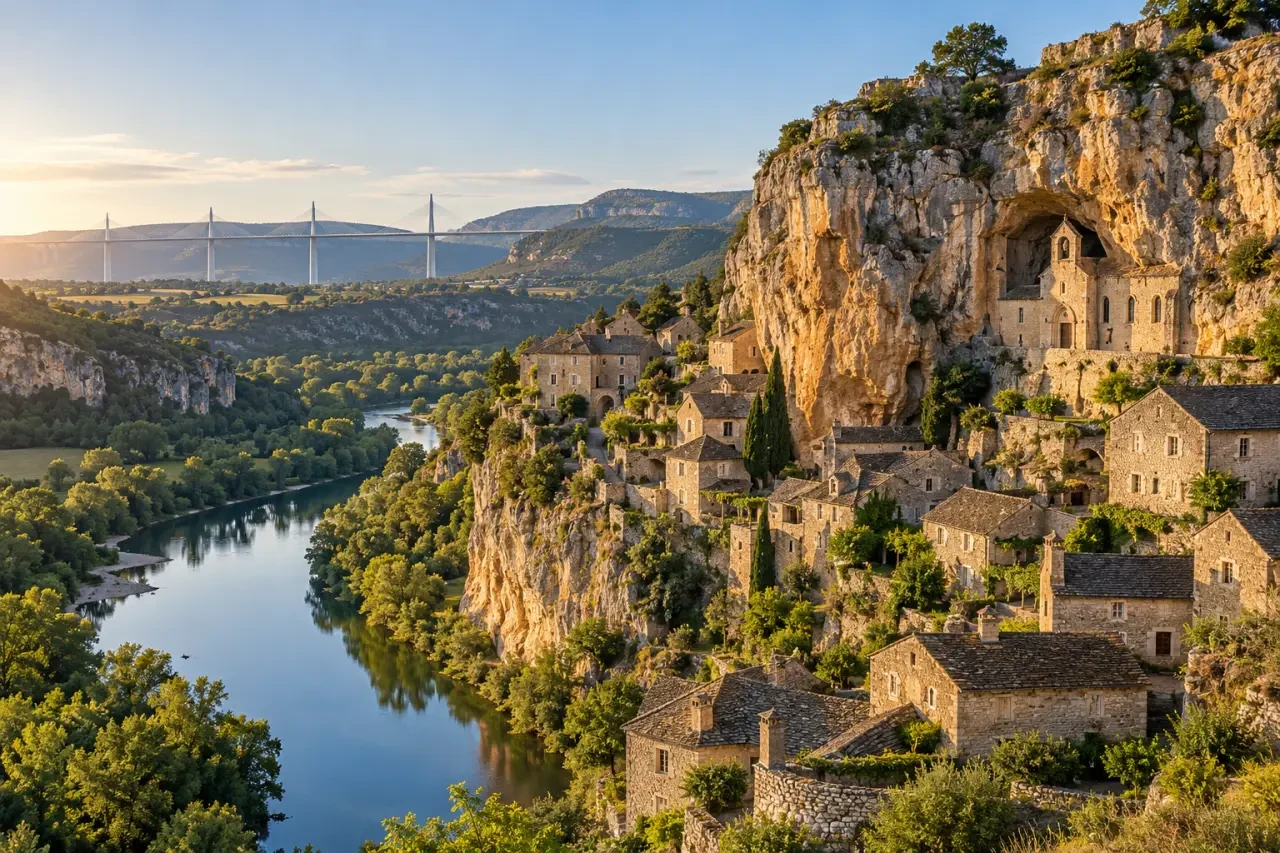 10 plus beaux villages de l Aveyron : maisons de Peyre contre la falaise du Tarn