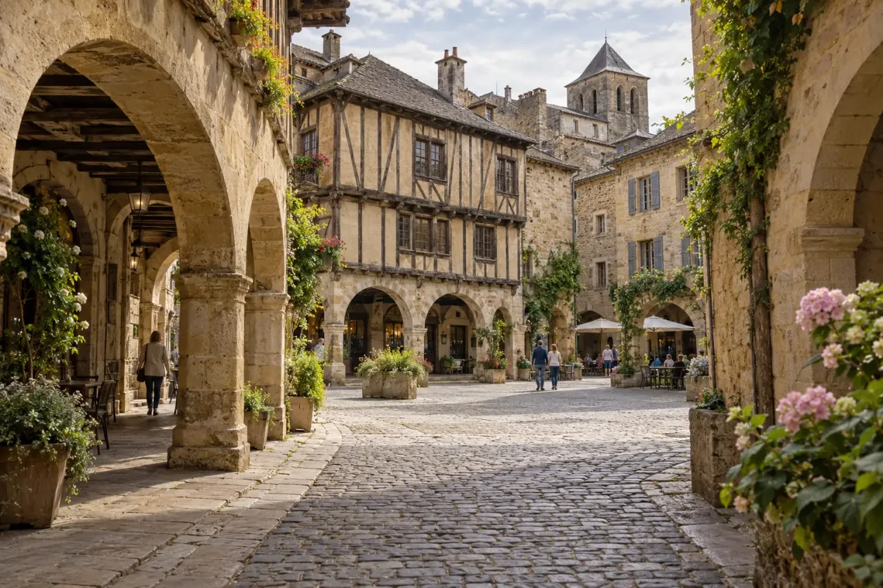 10 plus beaux villages de l Aveyron : place à arcades de Sauveterre-de-Rouergue