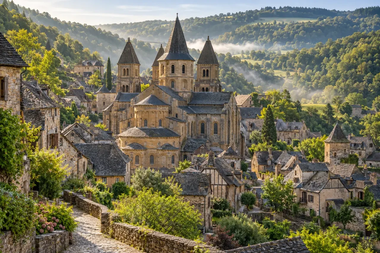 10 plus beaux villages de l Aveyron : vue de Conques et de son abbatiale romane