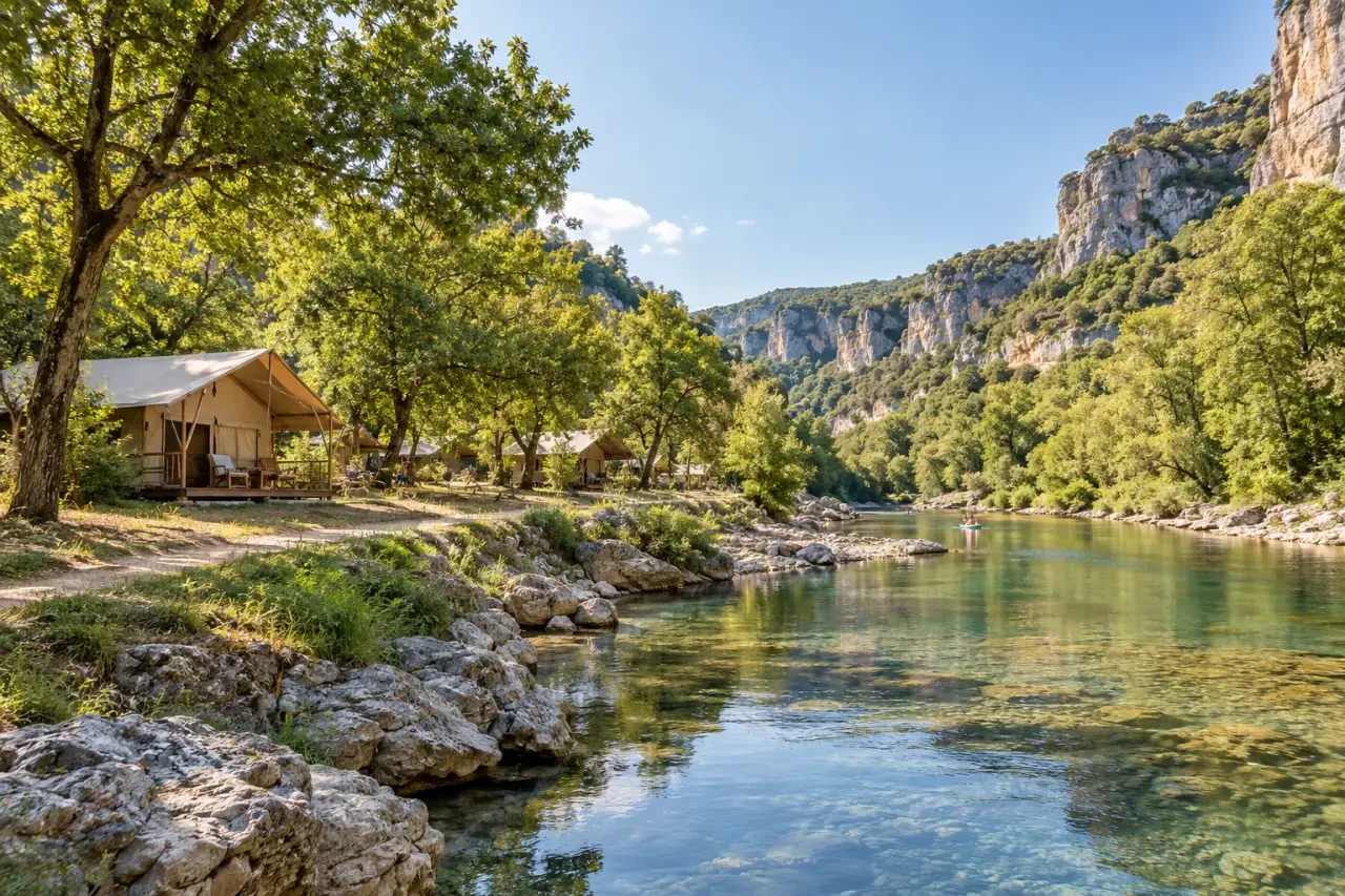 Camping Sud Aveyron au bord d’une rivière entouré de falaises calcaires