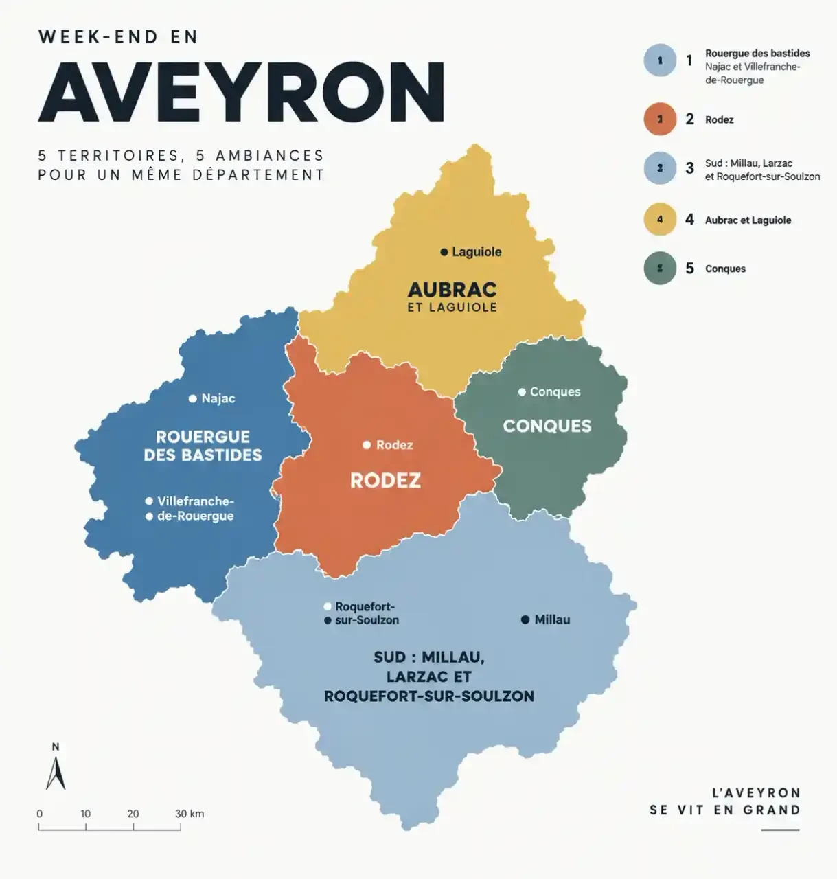 Carte des zones à choisir pour un week-end en Aveyron : bastides, Rodez, Millau et Roquefort, Aubrac, Conques