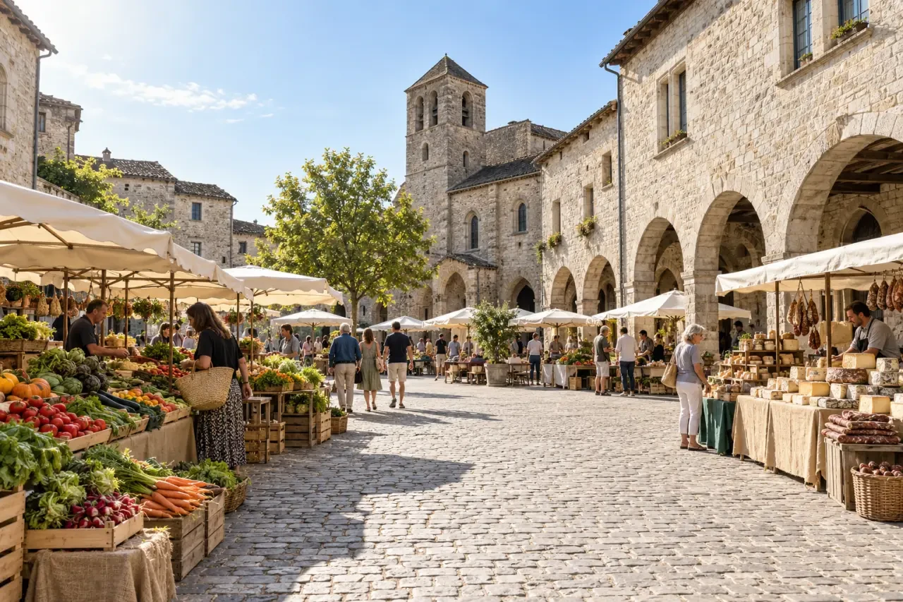 Marchés Aveyron dimanche : étals de producteurs sur une place à arcades