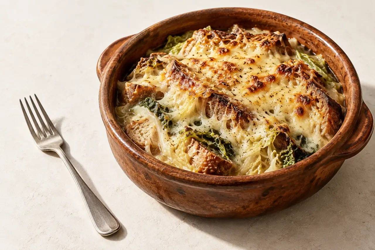 Soupe au fromage aveyronnaise au Laguiole gratinée, servie dans un plat profond