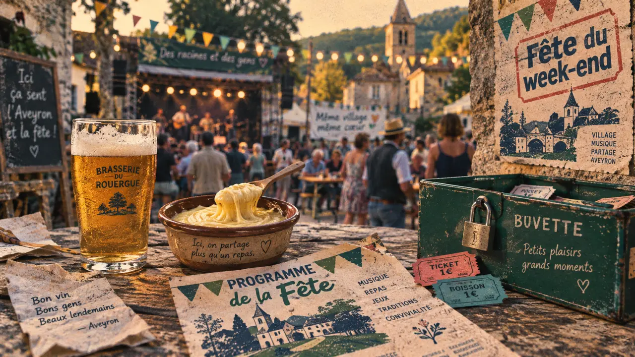 Fetes en Aveyron ce weekend : table de village avec aligot et programme de fête