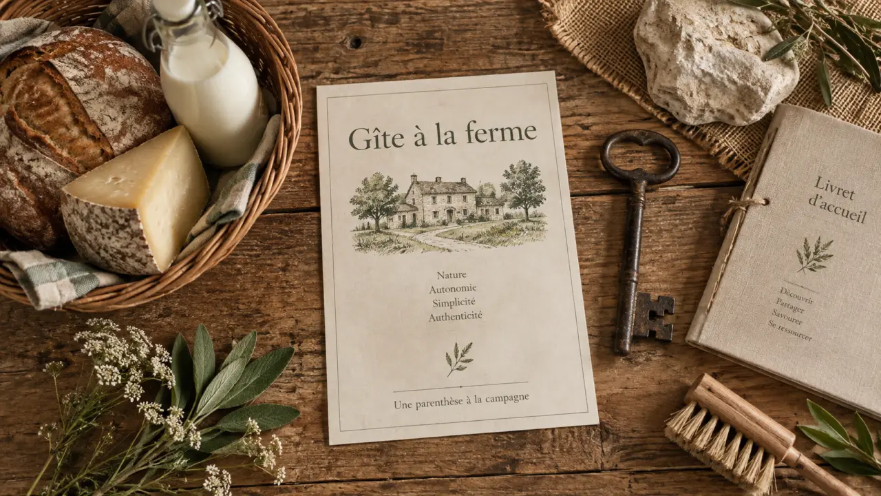 Gîte à la ferme Aveyron : clé et produits locaux sur table en bois