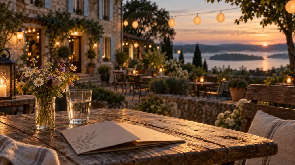 Hôtel restaurant Gaubert Lacaze en Aveyron près de Pareloup, terrasse au golden hour