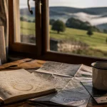 Location vacances Aveyron : carnet et carte sur une table de gîte avec paysage