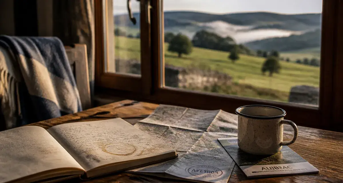 Location vacances Aveyron : carnet et carte sur une table de gîte avec paysage