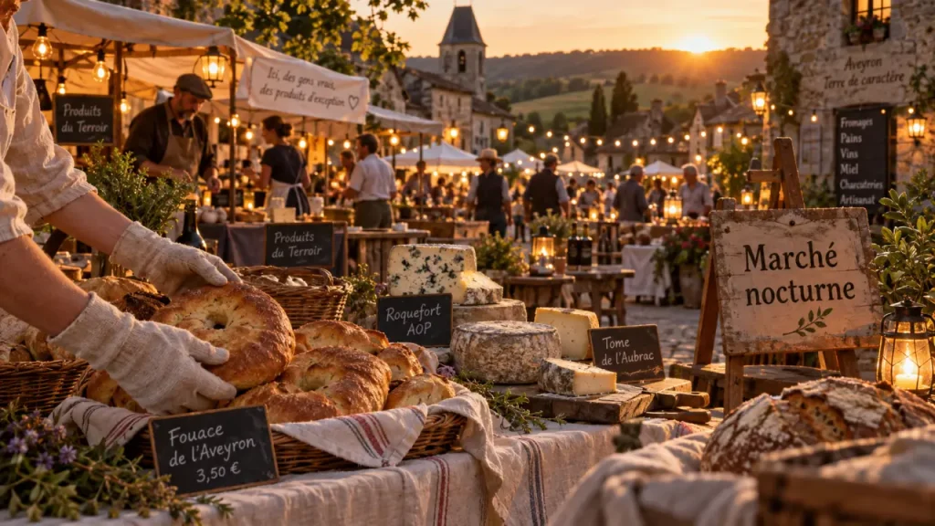 Marchés nocturnes Aveyron : étals sur une place de village à Najac