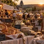 Marchés nocturnes Aveyron : étals sur une place de village à Najac