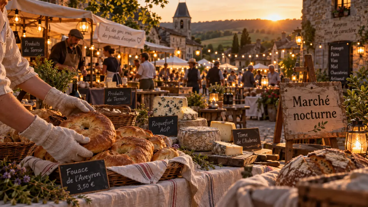 Marchés nocturnes Aveyron : étals sur une place de village à Najac