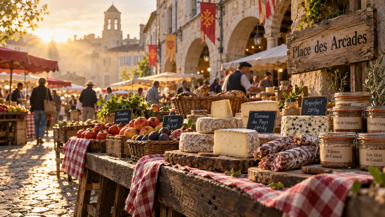 Marchés Aveyron dimanche : place des arcades avec étals sous les arcades
