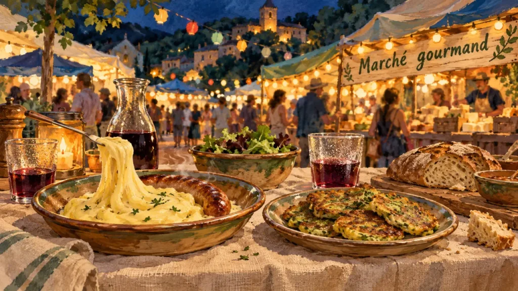 Marchés gourmands Aveyron : table avec aligot et farçous au marché nocturne