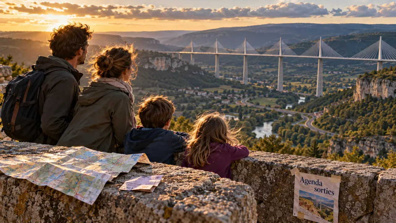 Sortir en Aveyron ce weekend : famille regarde le viaduc de Millau